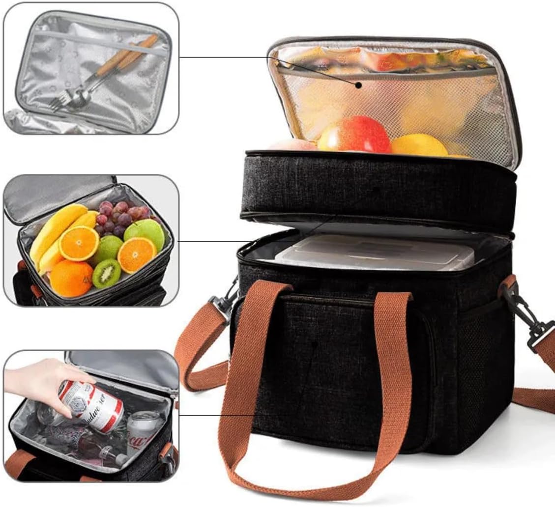 Bolsa Termica Marmita Lancheira Grande Alça Ombro Trabalho Passeio Academia Dois Andares (Bolsa Preta)