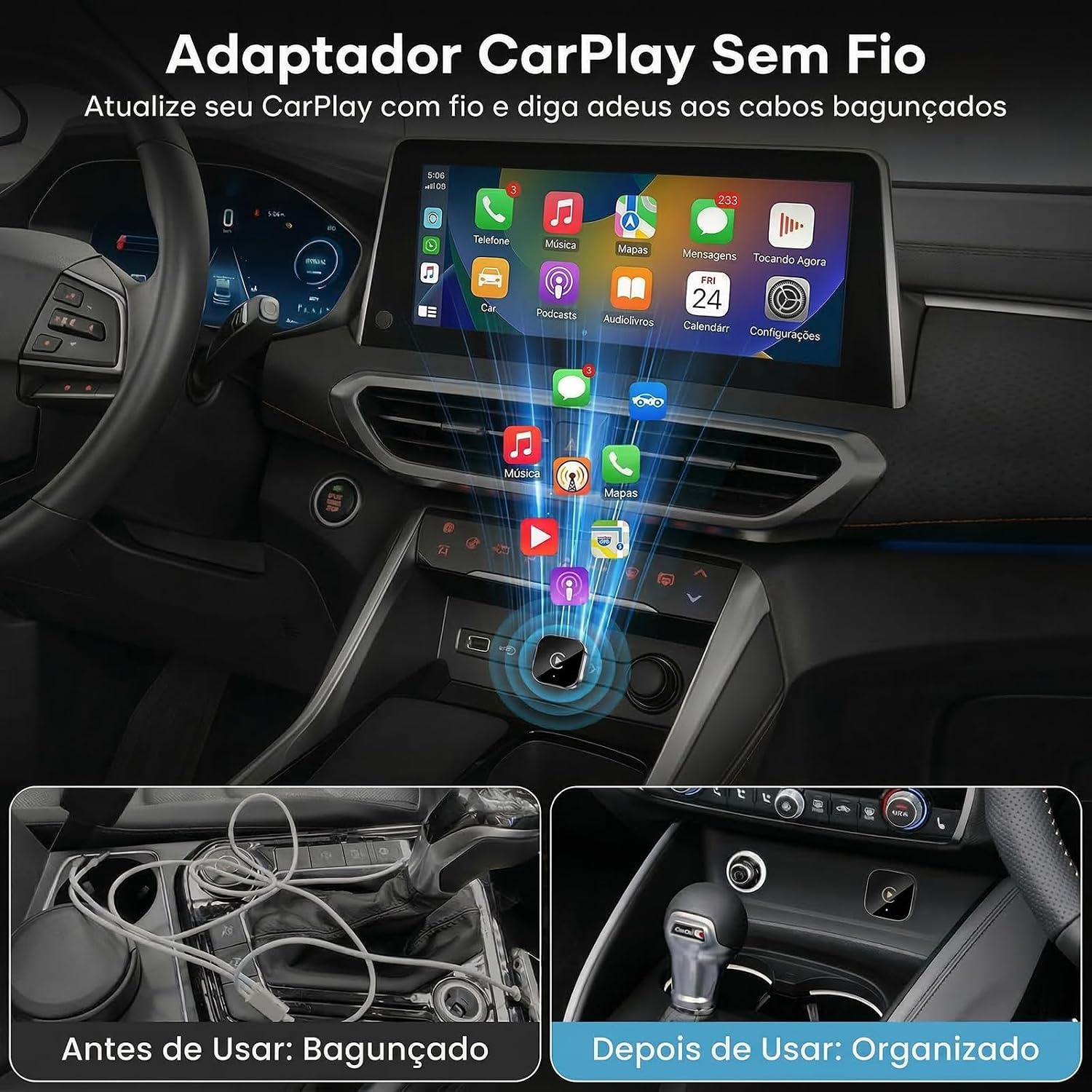 Adaptador CarPlay Sem Fio e Android Auto Sem Fio, Dongle USB 2 em 1 Plug &amp; Play, Conexão Rápida, Suporte Navegação, Música e Siri, Para iOS e Android