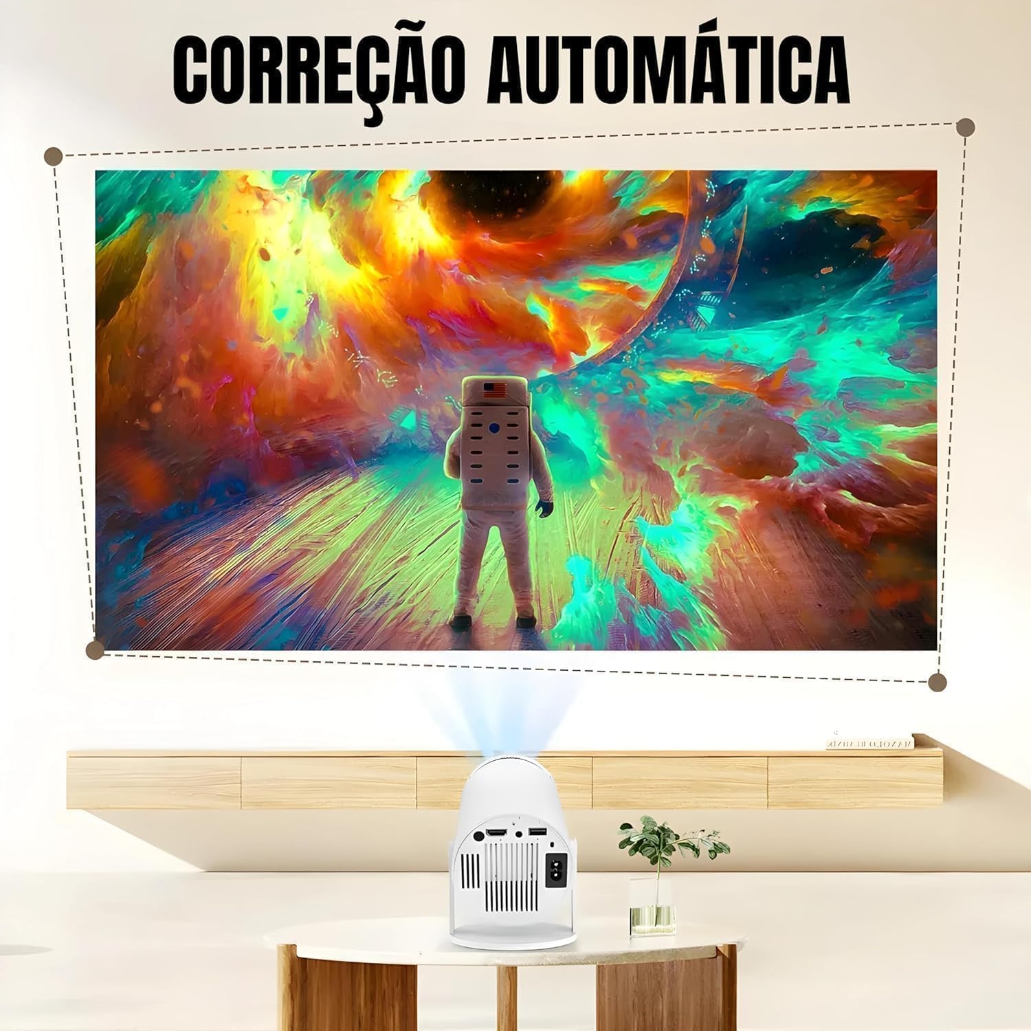 Mini Projetor Portátil 5G Wi-Fi 6 Bluetooth 5.0 Android 11 4K 1080P Full HD 8000 Lumens LED Auto Correção Trapezoidal Horizontal Rotação 180° Ideal para Projeções Cinemáticas