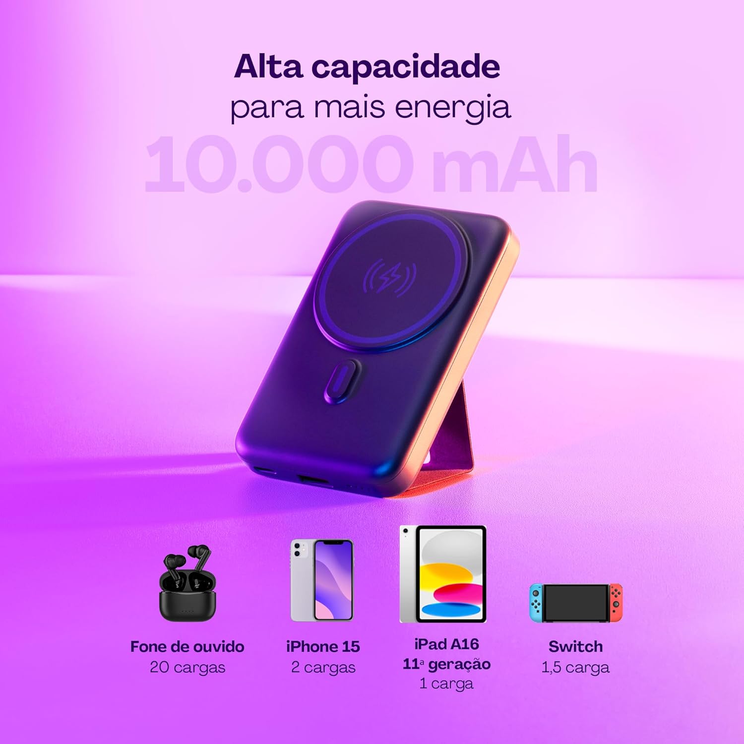Geonav Power Bank, Carregador Portátil Universal por Indução 10.000mAh, Carregamento rápido*, Suporte Dobrável, Compatível com MagSafe®, PB10MAGSG, Cinza