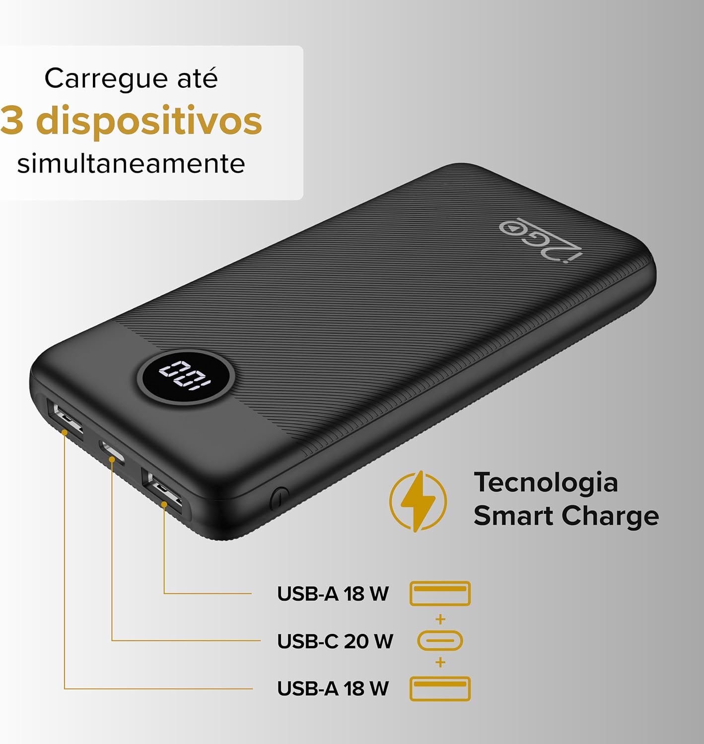 I2GO, Carregador Portátil (Power Bank) Ultra Rápido 20000mAh, Power Delivery 20W, 2 Saídas USB + 1 Saída/Entrada USB-C, Preto, i2GO PRO