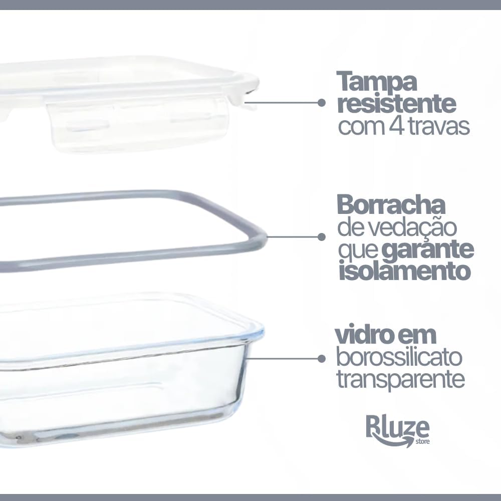 Kit 6 Potes de Vidro Borossilicato Retangular 640ml Marmita Com Tampa Hermética 4 Travas Resistente Livre de BPA Ideal para Conservação de Alimentos Freezer Micro-ondas Lava-louças Premium