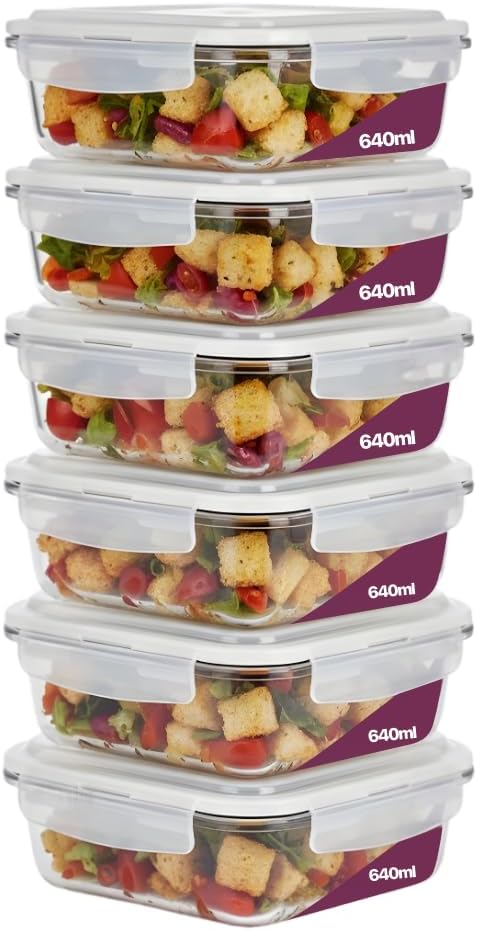 Kit 6 Potes de Vidro Borossilicato Retangular 640ml Marmita Com Tampa Hermética 4 Travas Resistente Livre de BPA Ideal para Conservação de Alimentos Freezer Micro-ondas Lava-louças Premium