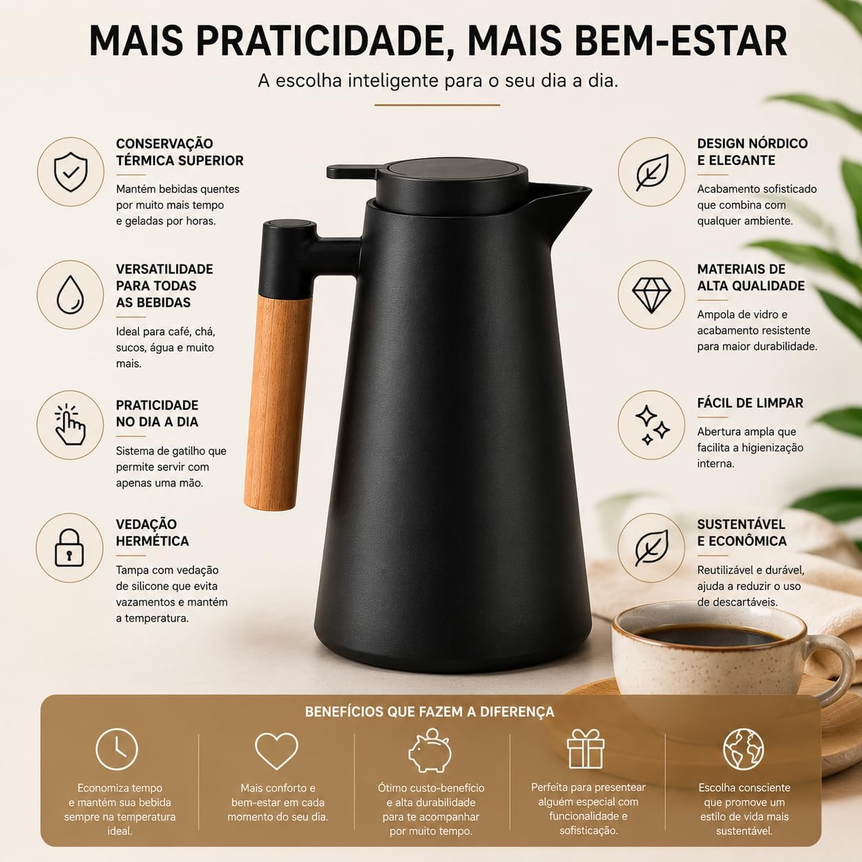 Garrafa Térmica Nórdica 1L com Cabo em Madeira Premium Conserva Quente e Gelado Design Escandinavo Premium Preta para Café e Chá Tampa Rosqueável com Sistema de Pressão Mesa Posta Preto
