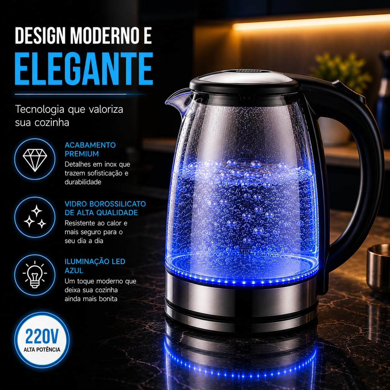 Chaleira Elétrica de Vidro 1,8L 220V com LED Azul – Aquecimento Rápido, Desligamento Automático e Base 360° | Ideal para Chá, Café e Água Quente (220V)