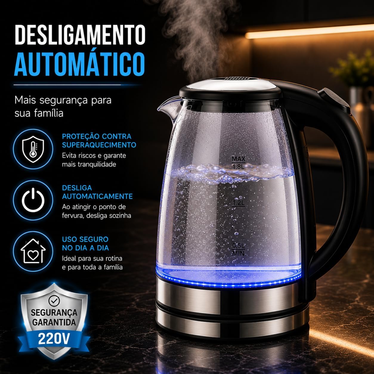 Chaleira Elétrica de Vidro 1,8L 220V com LED Azul – Aquecimento Rápido, Desligamento Automático e Base 360° | Ideal para Chá, Café e Água Quente (220V)