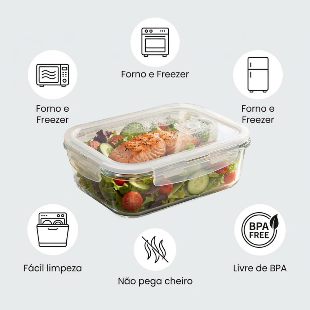 Kit 10 Potes de Vidro Herméticos 640ml com 4 Travas Ideal para Marmitas e Conservação de Alimentos, Vedação Total, Refratário para Forno e Freezer