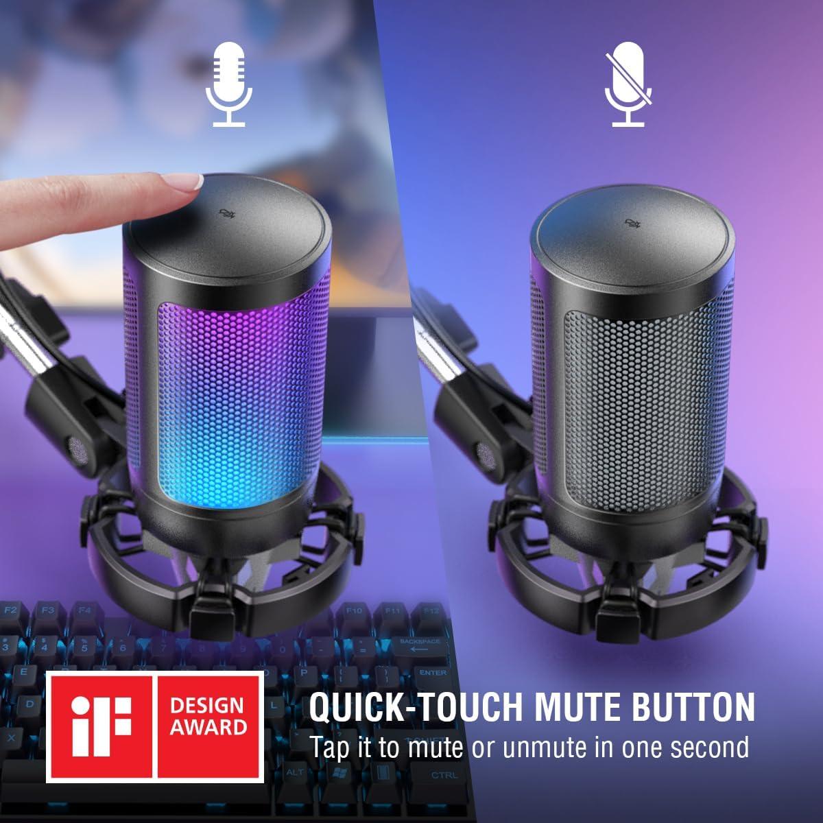 FIFINE Gaming PC Microfone USB, Microfone Condensador para Podcast com Braço,Filtro Pop,Botão Mudo para Streaming,Twitch,Chat Online,Mic RGB para Computador para PS4/5 y Jogadores e Youtuber-A6T