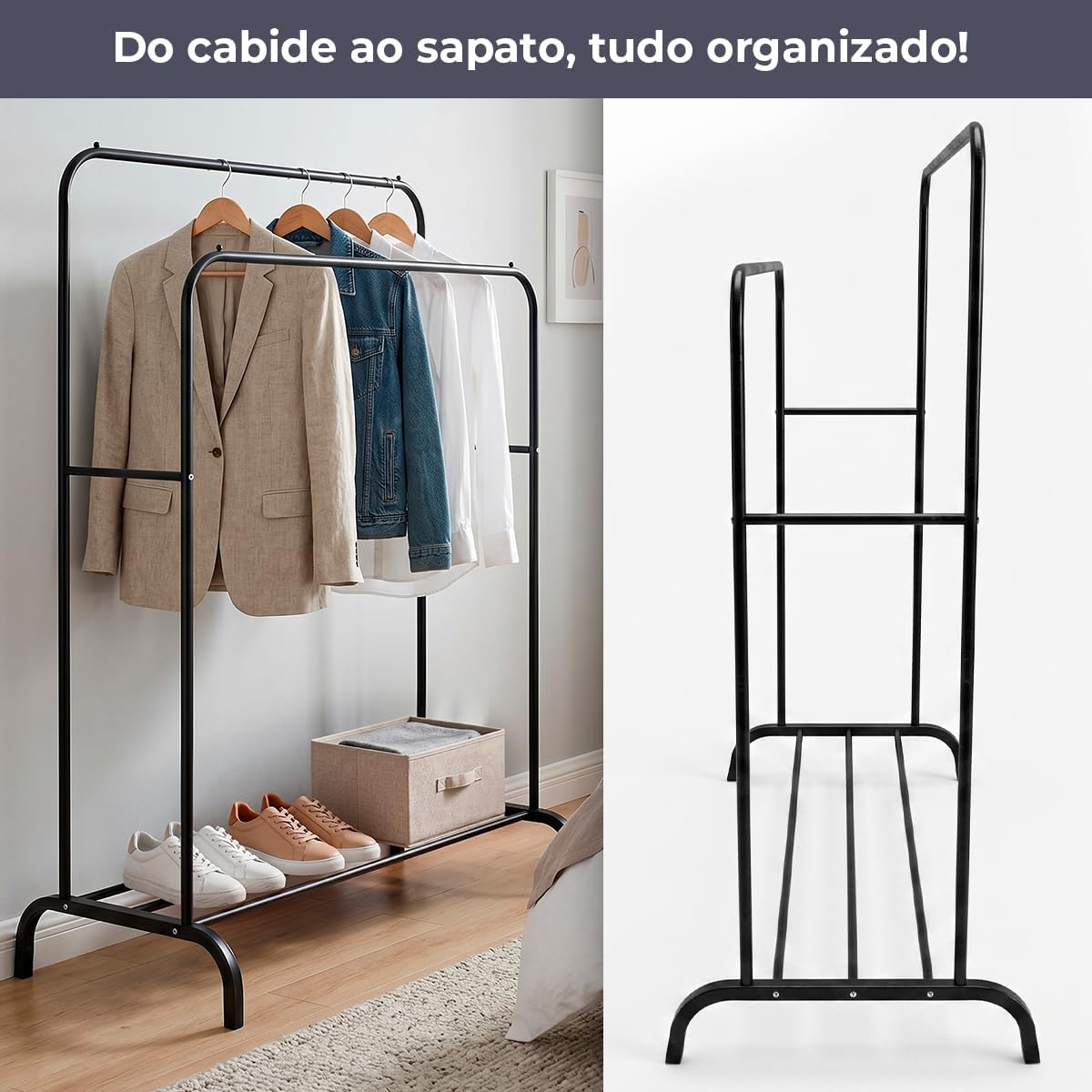 Decolab Arara Cabideiro de Chão Extensível Duplo Organizador Multiuso 2 Andares com Sapateira Quarto e Closet para Cabides com Camisetas, Vestidos, Agasalhos, Calçados (Preto)