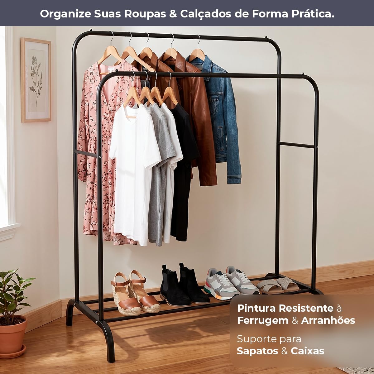 Decolab Arara Cabideiro de Chão Extensível Duplo Organizador Multiuso 2 Andares com Sapateira Quarto e Closet para Cabides com Camisetas, Vestidos, Agasalhos, Calçados (Preto)