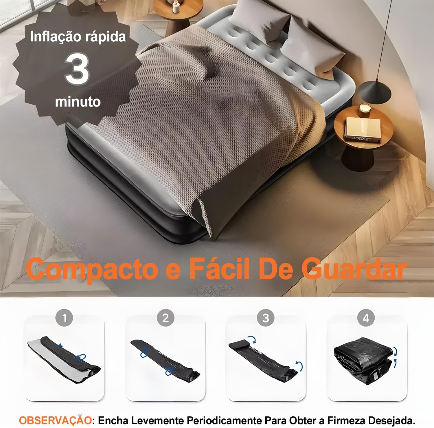 Colchão de Ar Queen Size Premium, Inflável Portátil com Bomba de Lítio Embutida, Cama de Ar para Camping e Casa 203 * 152 * 46 cm (Casal)