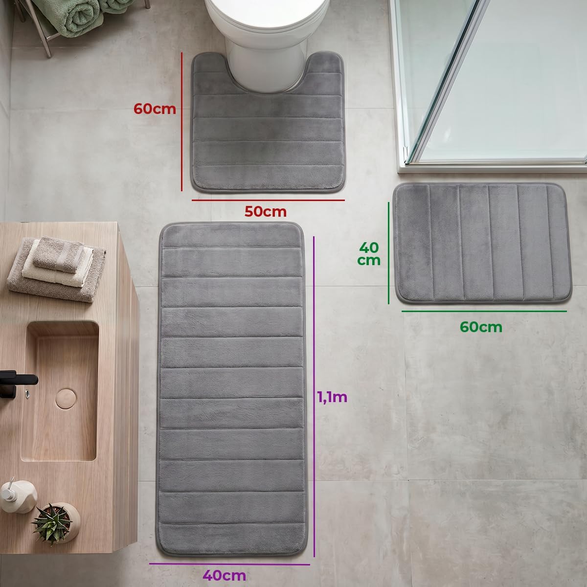 Decolab Jogo De Tapetes Para Banheiro Completo | Kit Tapetes Banheiro Ultra Absorvente | Tapetes Antiderrapantes Super Soft Multiuso Decoração (Cinza-escuro, 3 Peças)