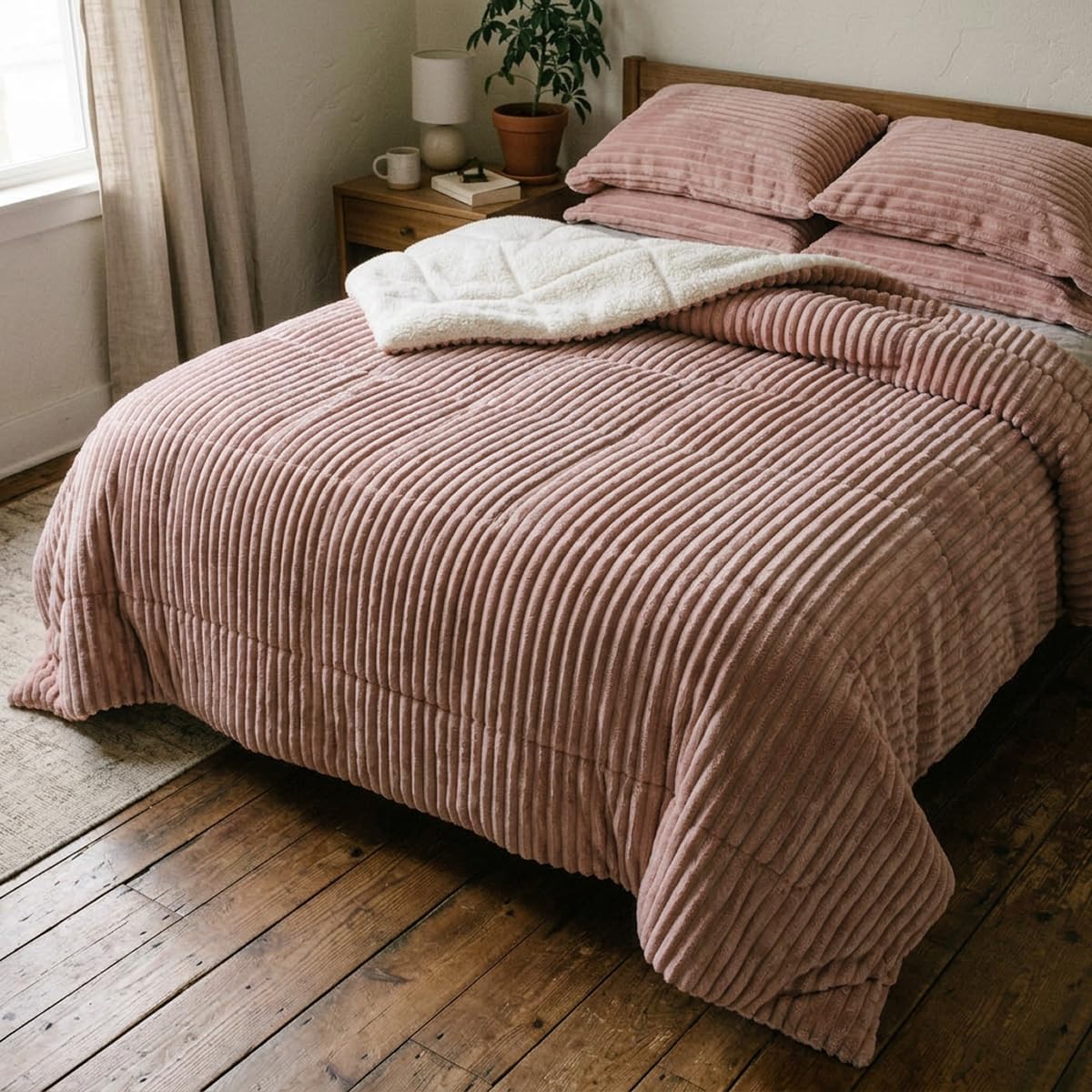 Coberdrom Manta Queen Sherpa Canelado Termico Grosso Pesado Microfibra Peludo Aveludado Felpudo Macio 2,20x2,40m Casa Dona (Rose)