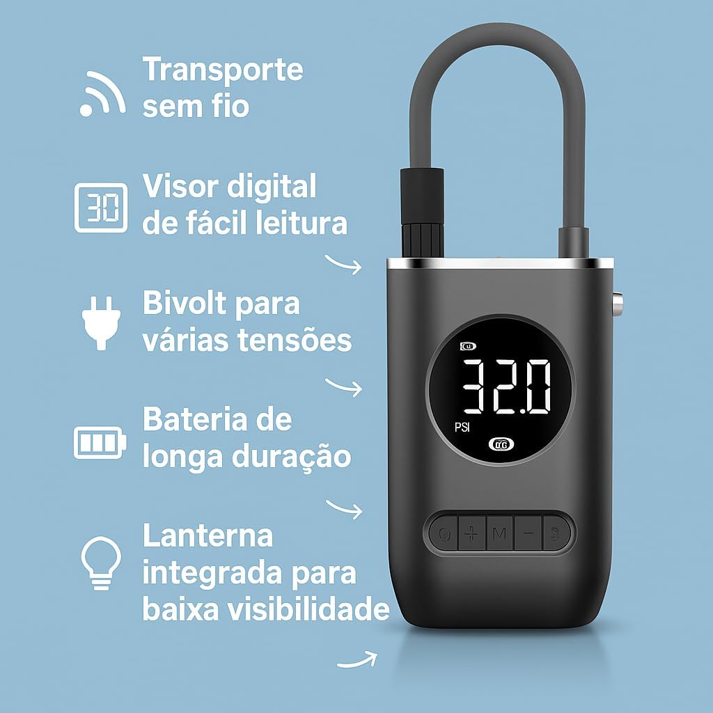 Calibrador Compressor Bomba De Ar Portátil Digital Mini Com Lanterna LED para Encher Pneus de Carro, Moto, Bike, Bicicleta, Bola e Piscina Inflável