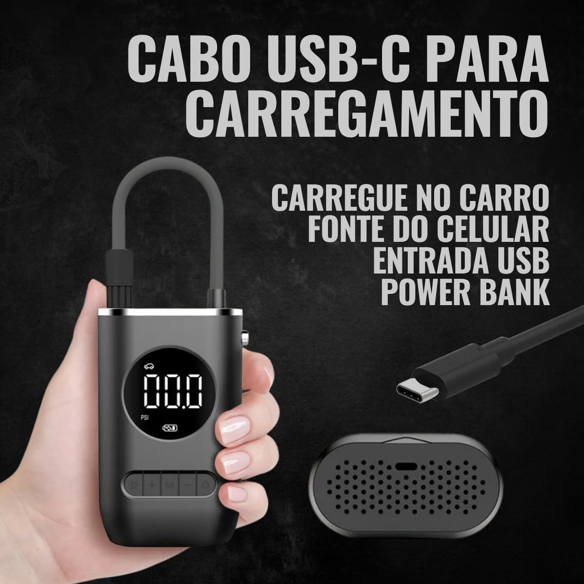 Calibrador Portátil Compressor Bomba De Ar Digital Com Lanterna LED para Encher Pneus de Carro, Moto, Bike, Bicicleta, Bola e Piscina Inflável Premium