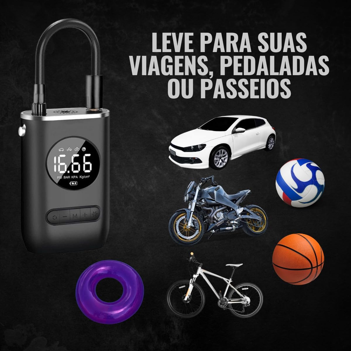 Calibrador Portátil Compressor Bomba De Ar Digital Com Lanterna LED para Encher Pneus de Carro, Moto, Bike, Bicicleta, Bola e Piscina Inflável Premium