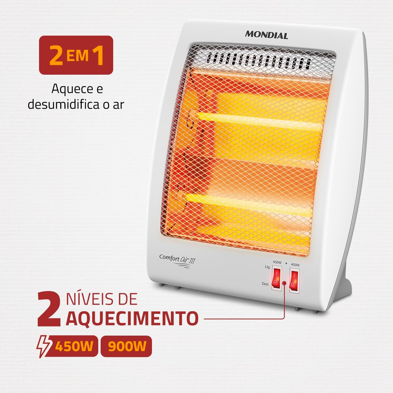 MONDIAL Aquecedor Quartzo Comfort Air III, Branco/Cinza, 900W, 110V - A-16