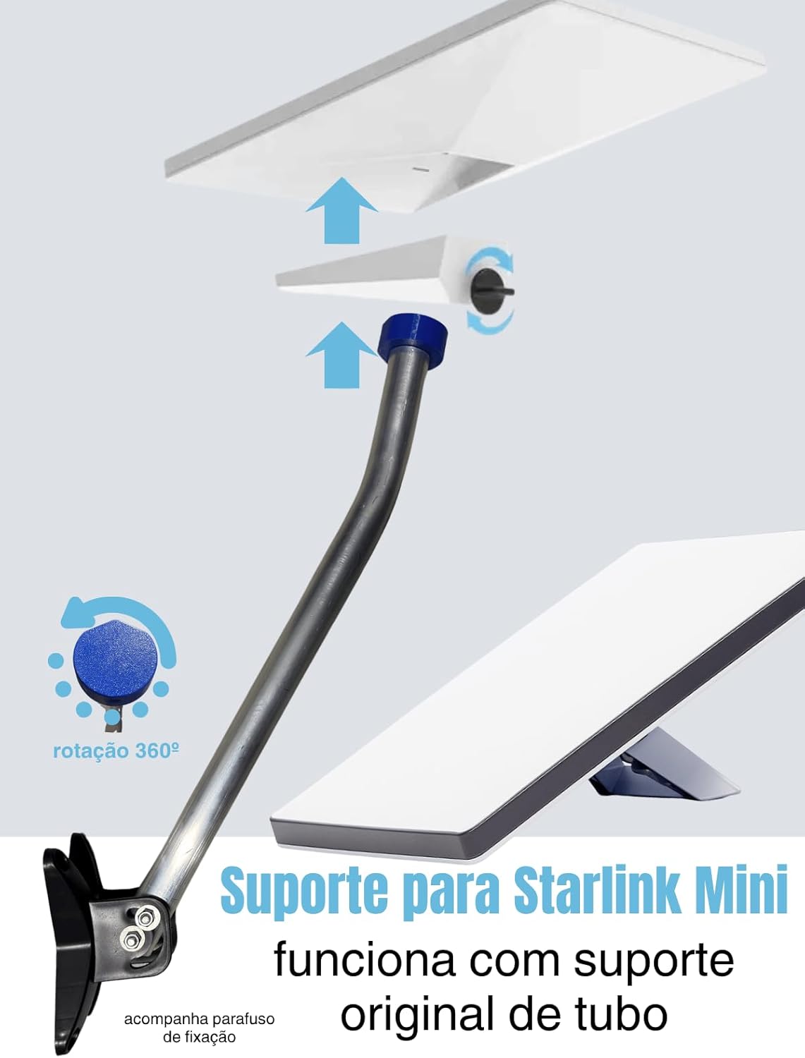 Suporte Articulável para Starlink Mini, Rotação 360 graus, Alumínio, 52 cm, Fixação em Telhado ou Parede