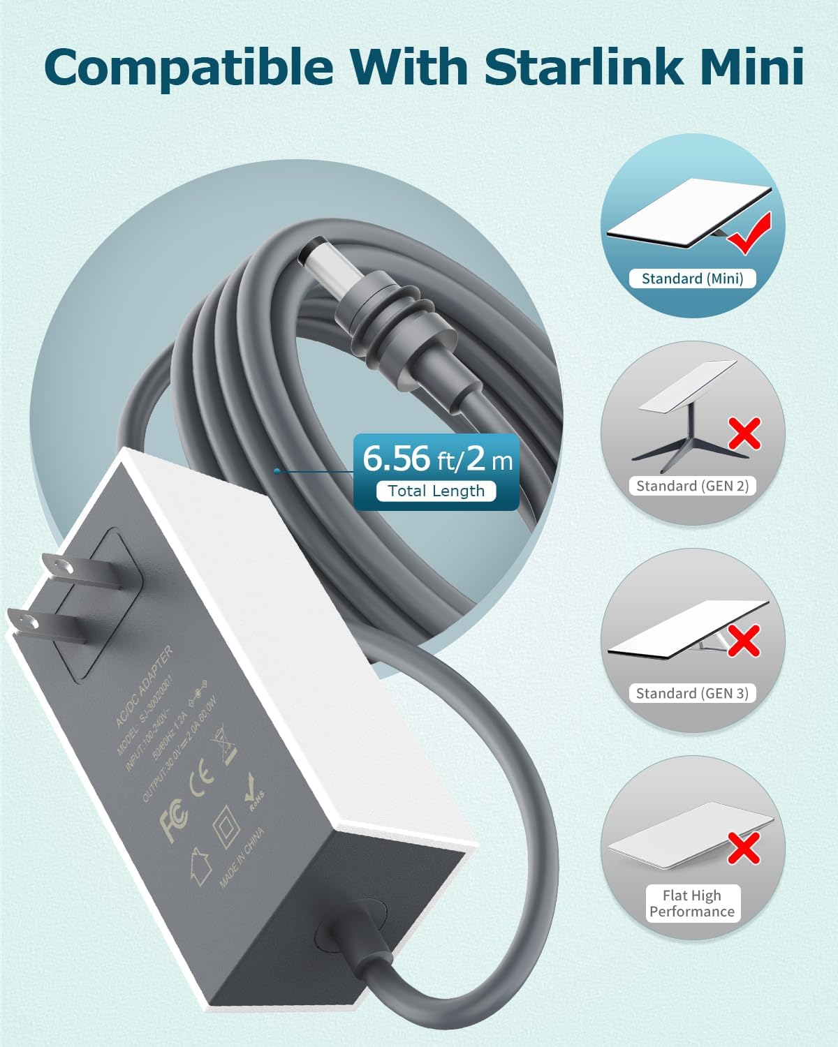 Starlink Mini adaptador de fonte de alimentação 30V 2A 110V-240V AC para DC Chager adaptador para Starlink MINI 12V tomada de parede 60W carregador rápido à prova d'água, compatível com Star Link Mini