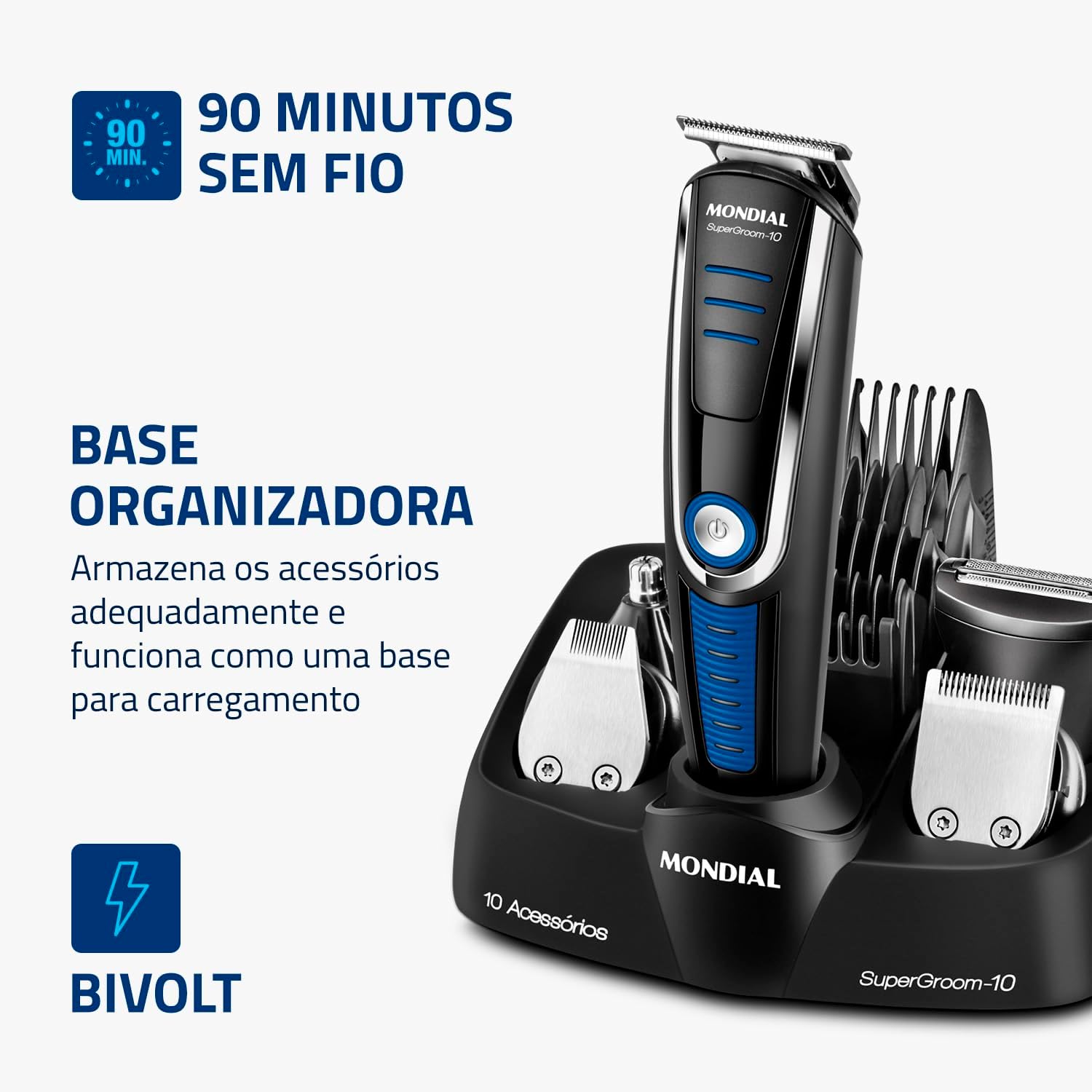 Aparador de Pelos Super Groom 10, Mondial, Preto/Azul, 6W, Bivolt - BG-03