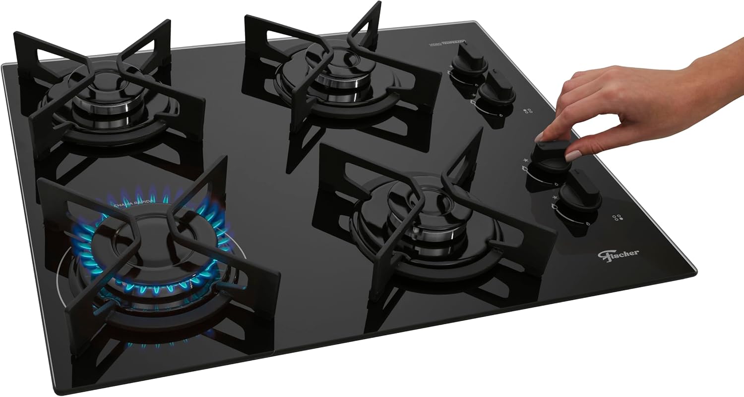 FISCHER COOKTOP À GÁS 4 BOCAS FIT LINE TREMPE IRON MESA VIDRO PRETO BIVOLT 36310-102671