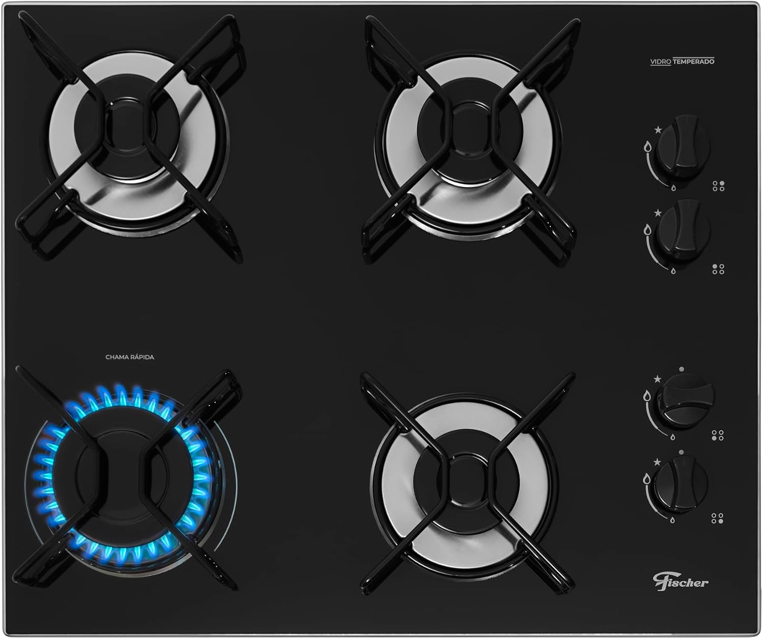 FISCHER COOKTOP À GÁS 4 BOCAS FIT LINE TREMPE ARAMADO MESA VIDRO PRETO BIVOLT 36350-102675