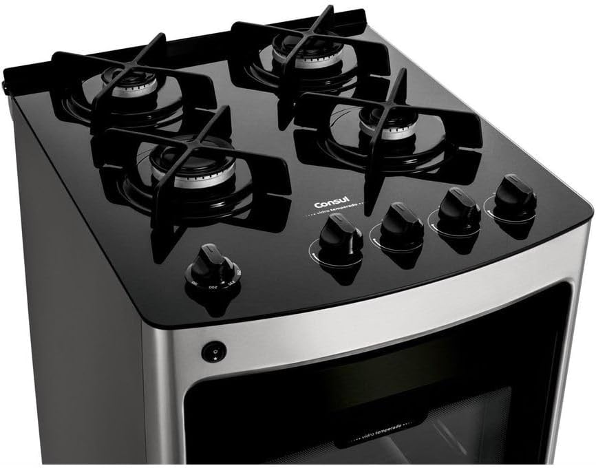 Fogão Consul 4 bocas cor Inox com mesa de vidro e grade de ferro fundido - CFO4VAR BIVOLT