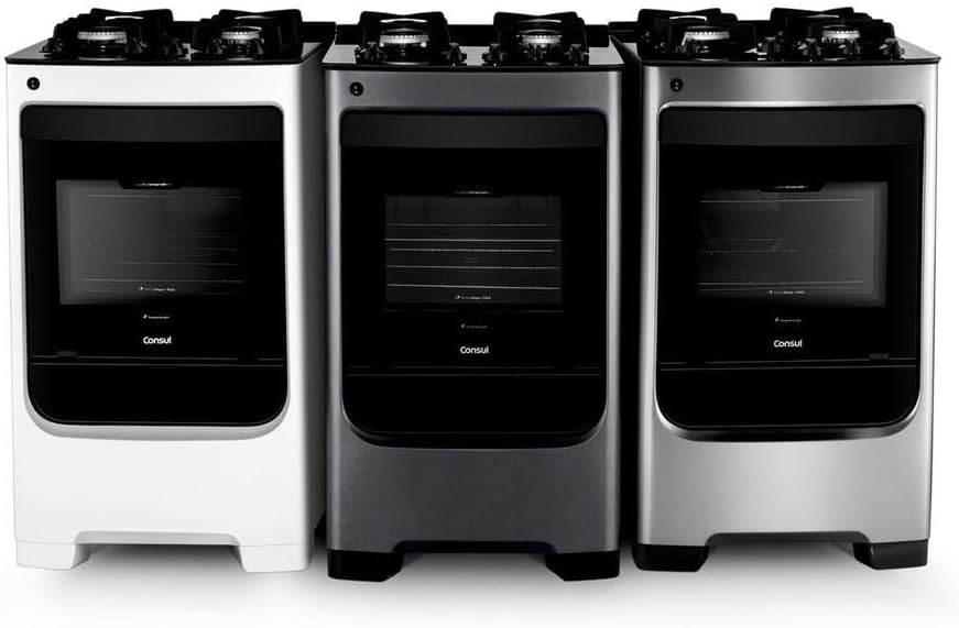 Fogão Consul 4 bocas cor Inox com mesa de vidro e grade de ferro fundido - CFO4VAR BIVOLT
