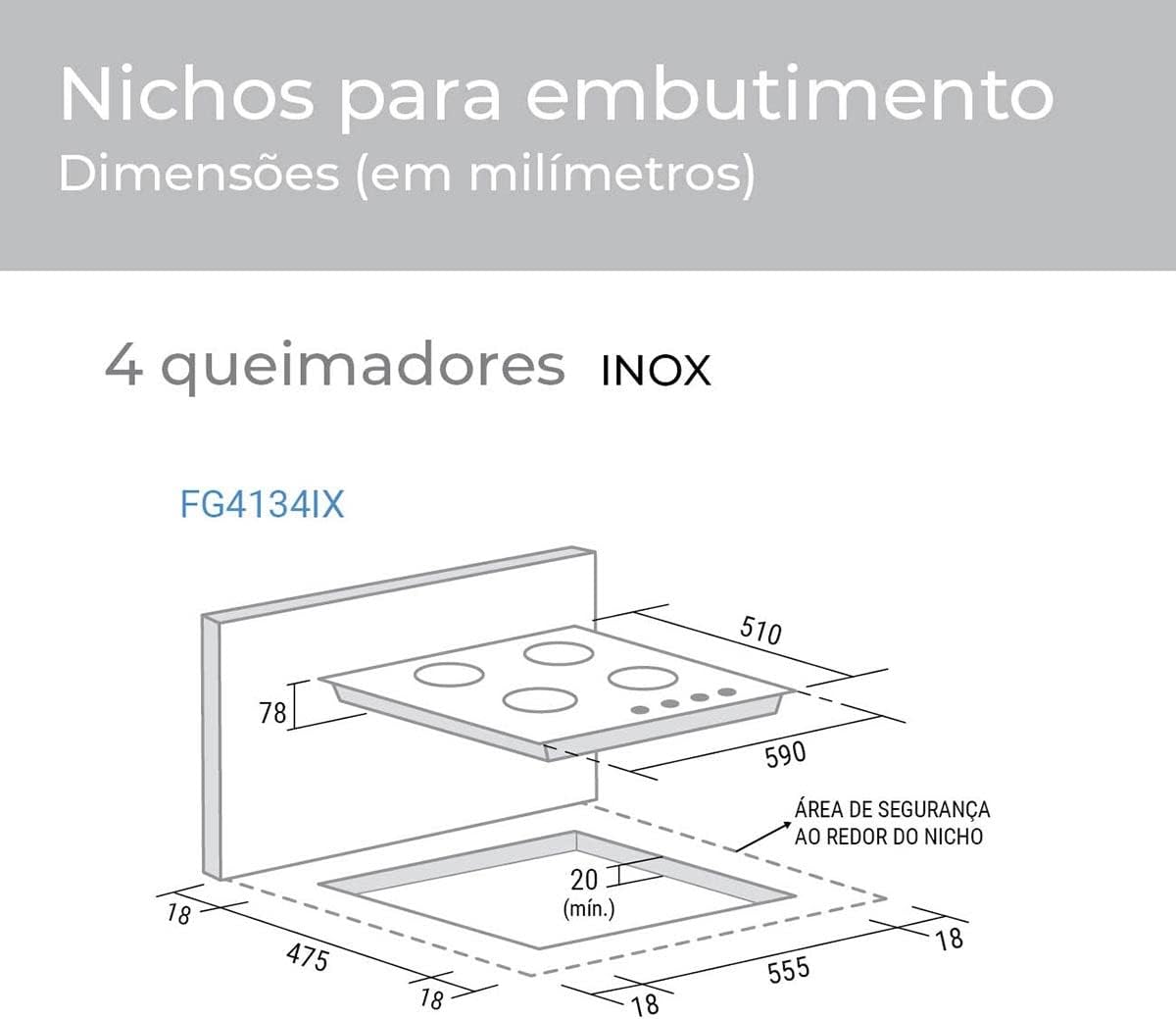 SUGGAR COOKTOP A GÁS 4 BOCAS MESA EM AÇO INOX TRIPLA CHAMA LATERAL BIVOLT FG4134IX