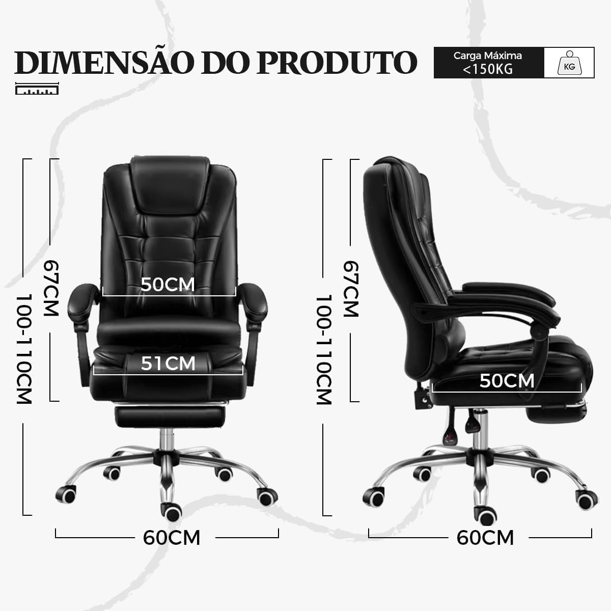 Cadeira De Escritório, Cadeira De Com Apoio Para Os Pés E Encosto Ajustável（Preto