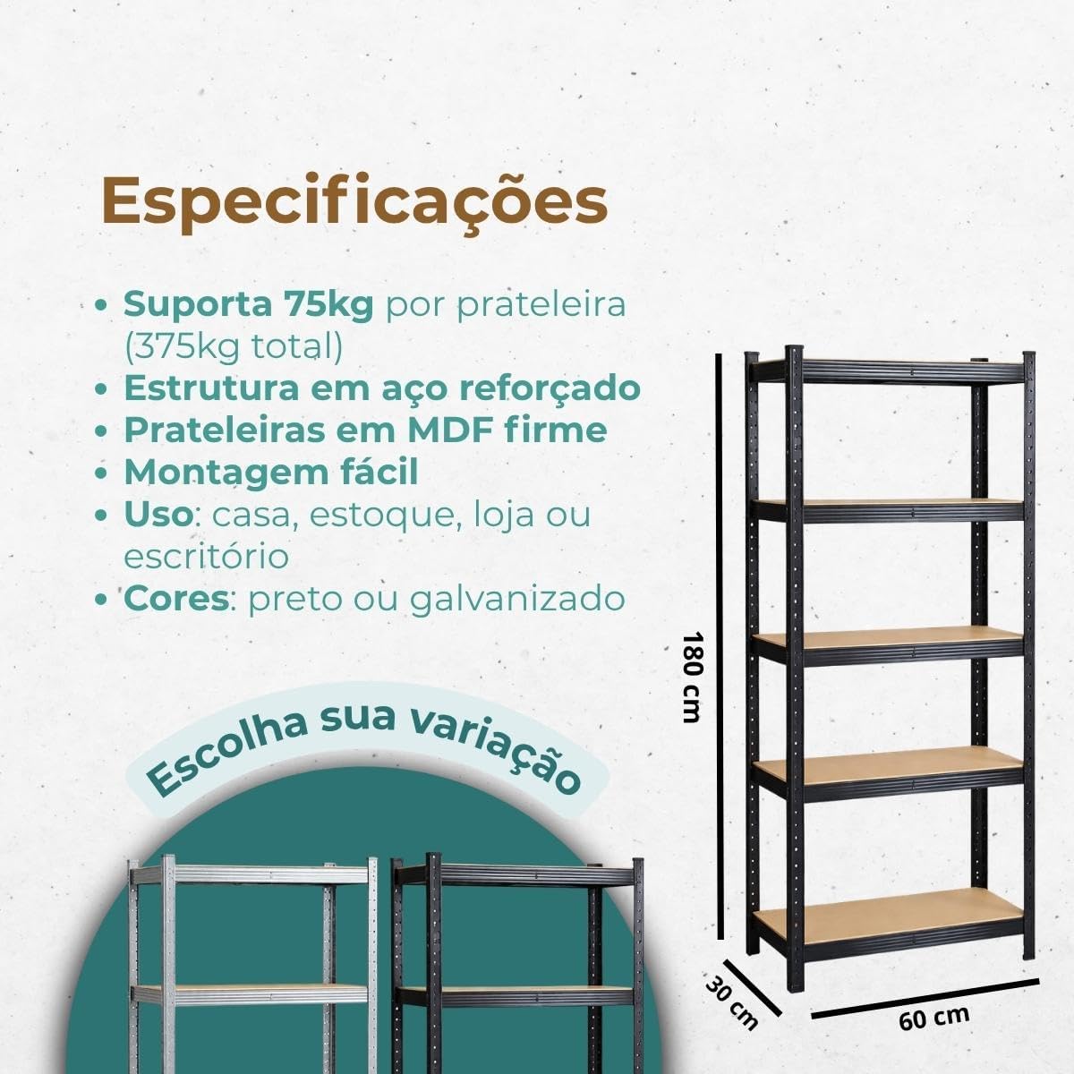 Estante Aço Galvanizado 5 Prateleiras Mdf Até 375kg 180cm X 60cm X 30cm: Escritório, Prateleira para Livros e Estante Organizadora Multiuso para Cozinha, Sala, Sapateira