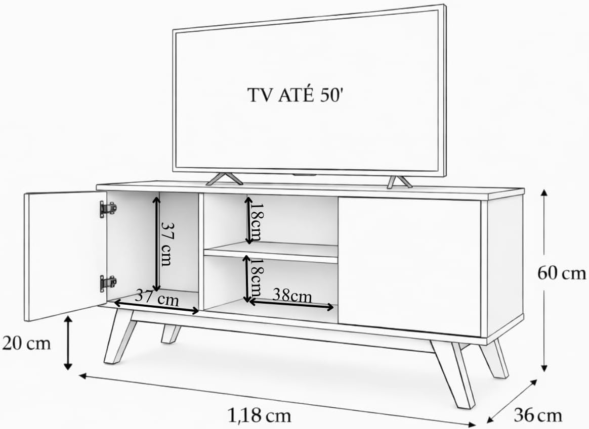 Rack Sala de Estar Turim 2 Portas e Nichos - Para TV até 50 Polegadas Pés Retrô em Madeira (Cedro/Off)