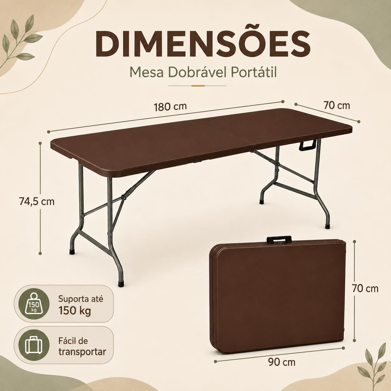 Mesa Dobrável PortátilMarrom 1,80m Tipo Maleta para Piquenique Camping Jardim Cozinha com Alça, Suporta até 150kg