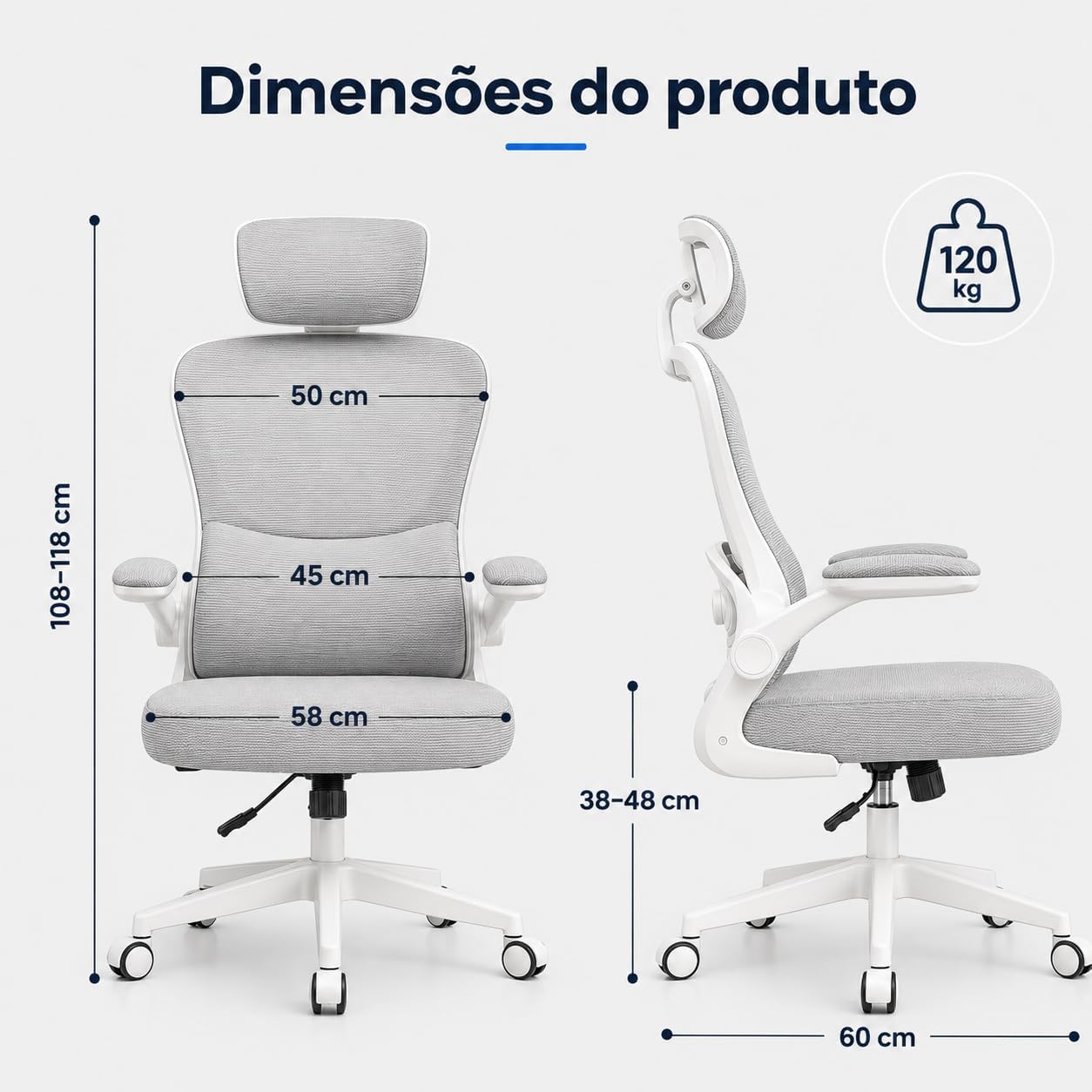 Cadeira de Escritório — Design Ergonômico para Home Office com Suporte Lombar Independente | Encosto de Cabeça Ajustável, Malha Mesh Respirável, Reclinável, Altura e Braços Ajustável (Cinza)