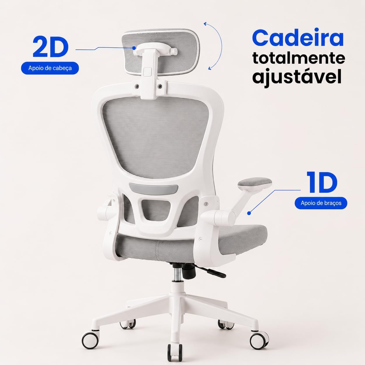 Cadeira de Escritório — Design Ergonômico para Home Office com Suporte Lombar Independente | Encosto de Cabeça Ajustável, Malha Mesh Respirável, Reclinável, Altura e Braços Ajustável (Cinza)