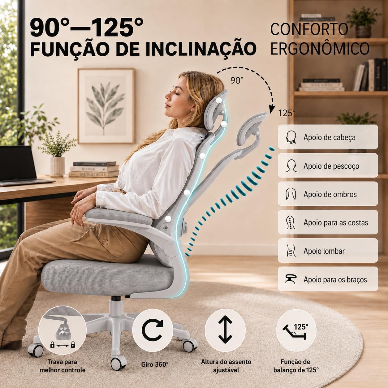 Cadeira de Escritório — Design Ergonômico para Home Office com Suporte Lombar Independente | Encosto de Cabeça Ajustável, Malha Mesh Respirável, Reclinável, Altura e Braços Ajustável (Cinza)