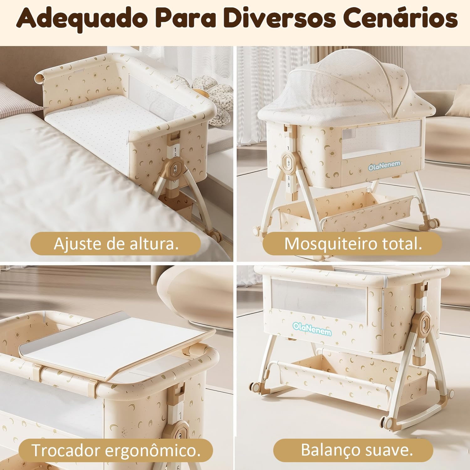 6 em 1 Berço Portátil, Moises para bebe com Fraldário e Mosquiteiro, Acoplado à Cama com Suporte Triangular de Aço Carbono, 6 Alturas e Inclinação Antirrefluxo 5°(Bege)