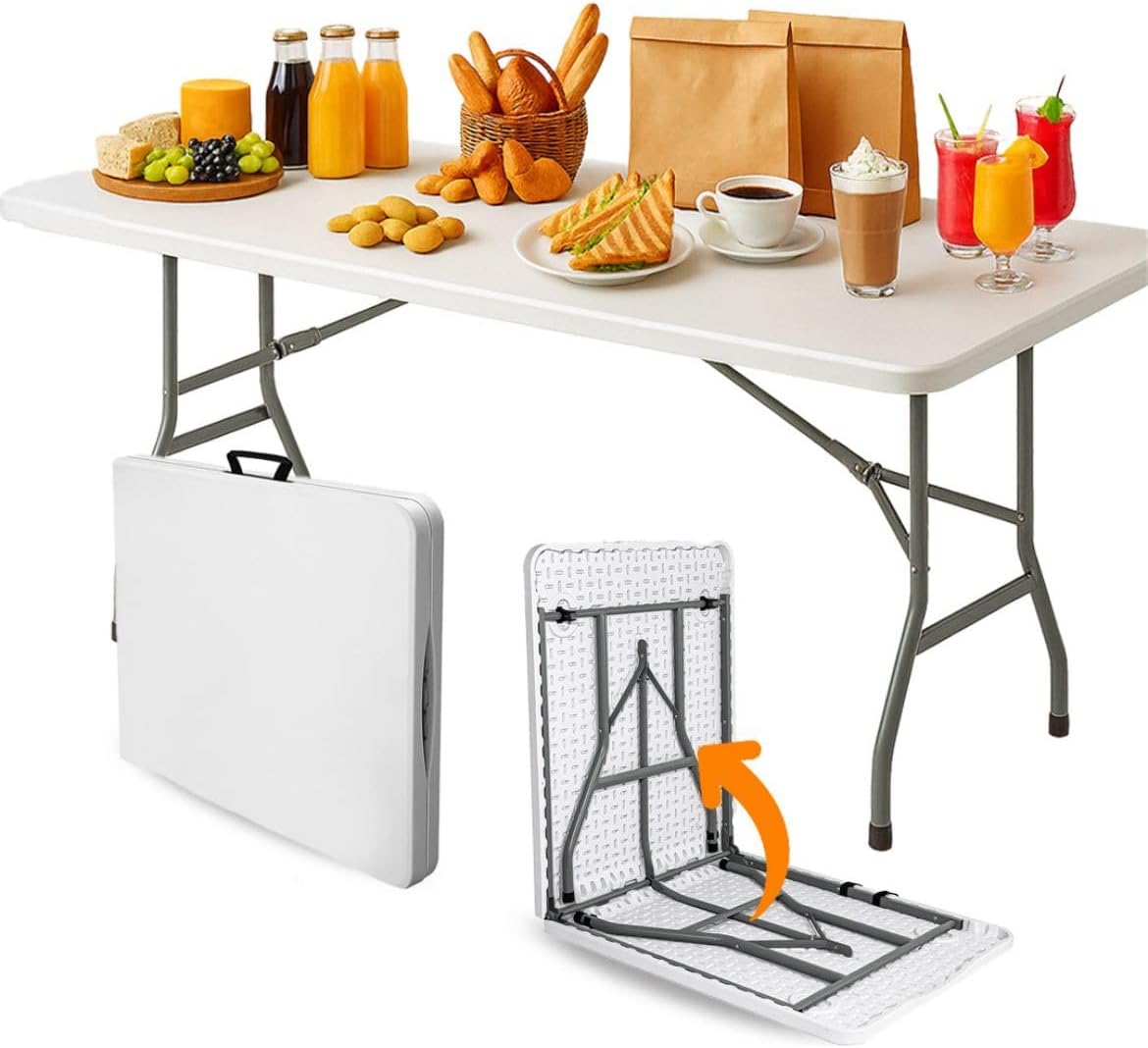 Mesa Dobrável Vira Maleta Com Alça Portátil 1.80m Para Camping Pesca Jardim Área Externa Ou Interna Salão De Festas Gourmet (Branco)