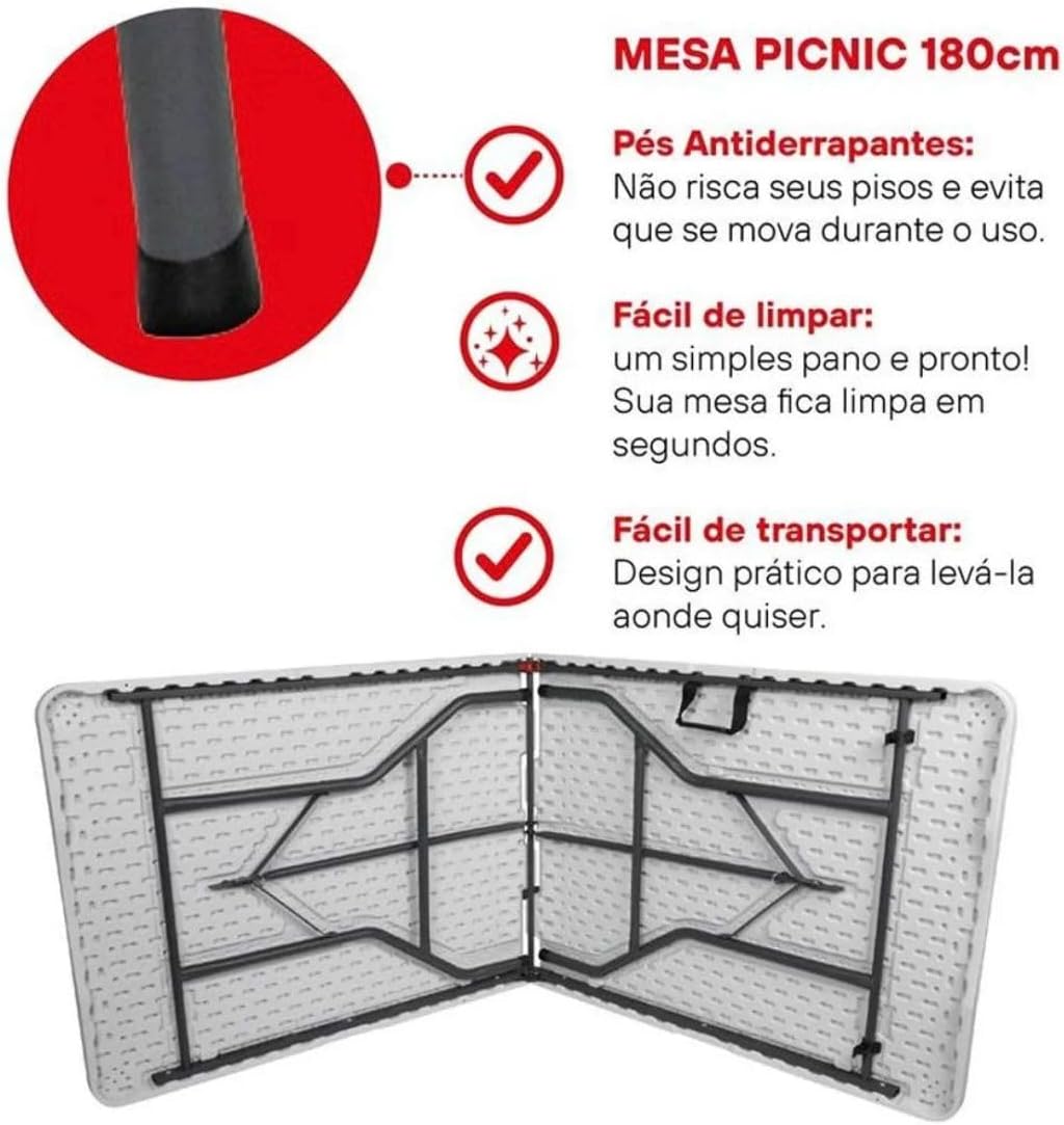 Mesa Dobrável Vira Maleta Com Alça Portátil 1.80m Para Camping Pesca Jardim Área Externa Ou Interna Salão De Festas Gourmet (Branco)