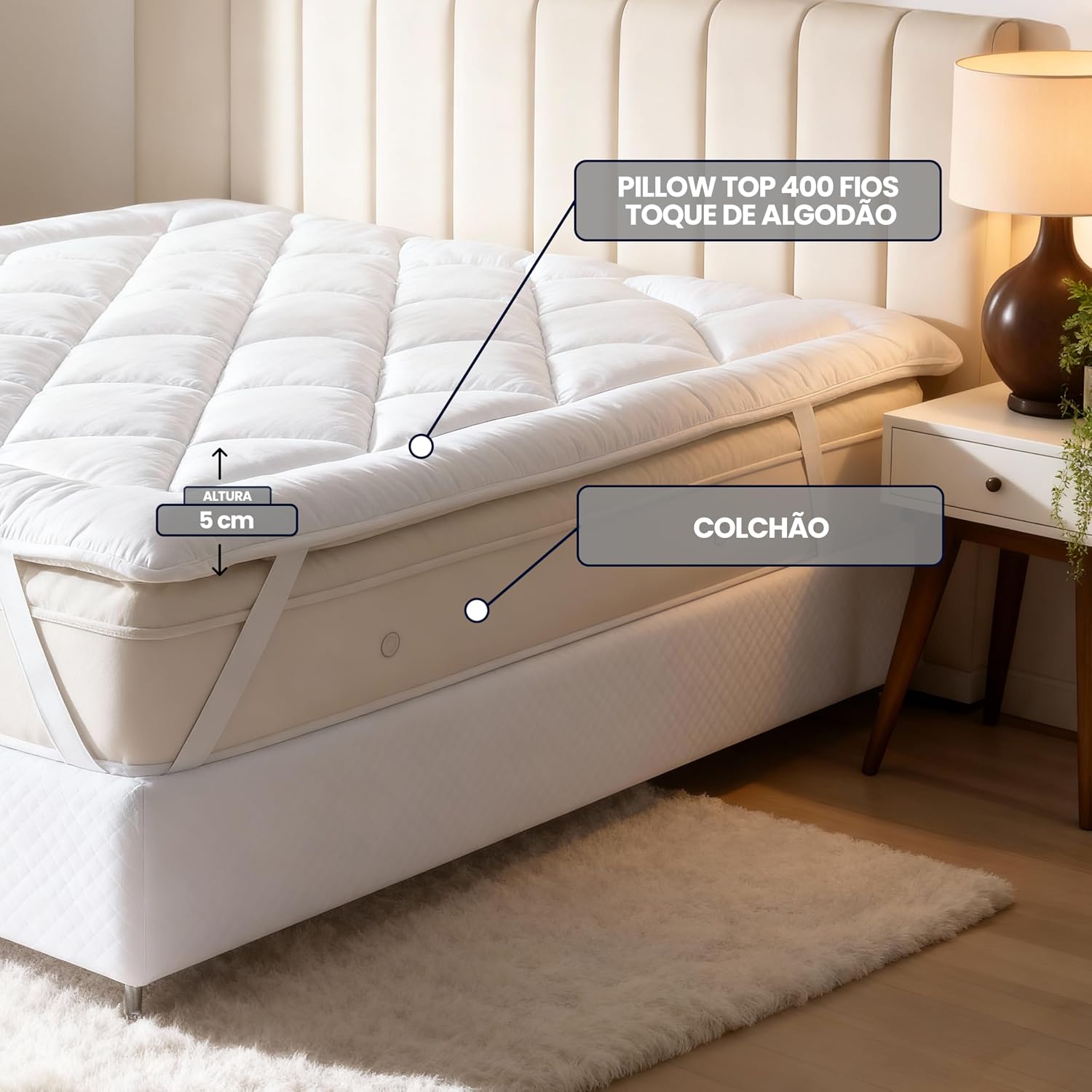 Pillow Top Casa Dona Extra Macio 5cm Tecido Premium 400 Fios Antialérgico e Antiácaro Fixação com Elástico Upgrade