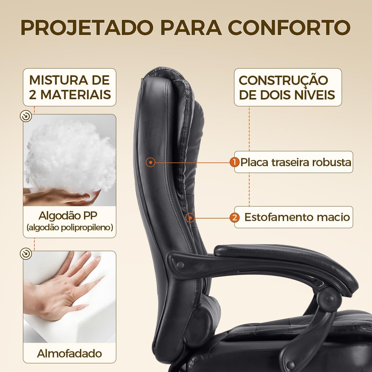 Cadeira de escritório presidente, cadeira de home office com apoio para os pés e encosto ajustável（Preto）