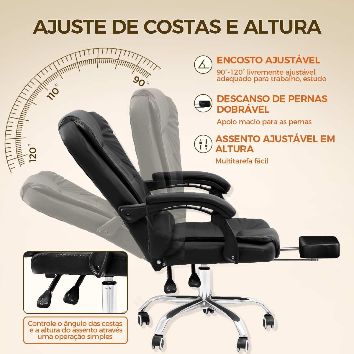 Cadeira de escritório presidente, cadeira de home office com apoio para os pés e encosto ajustável（Preto）