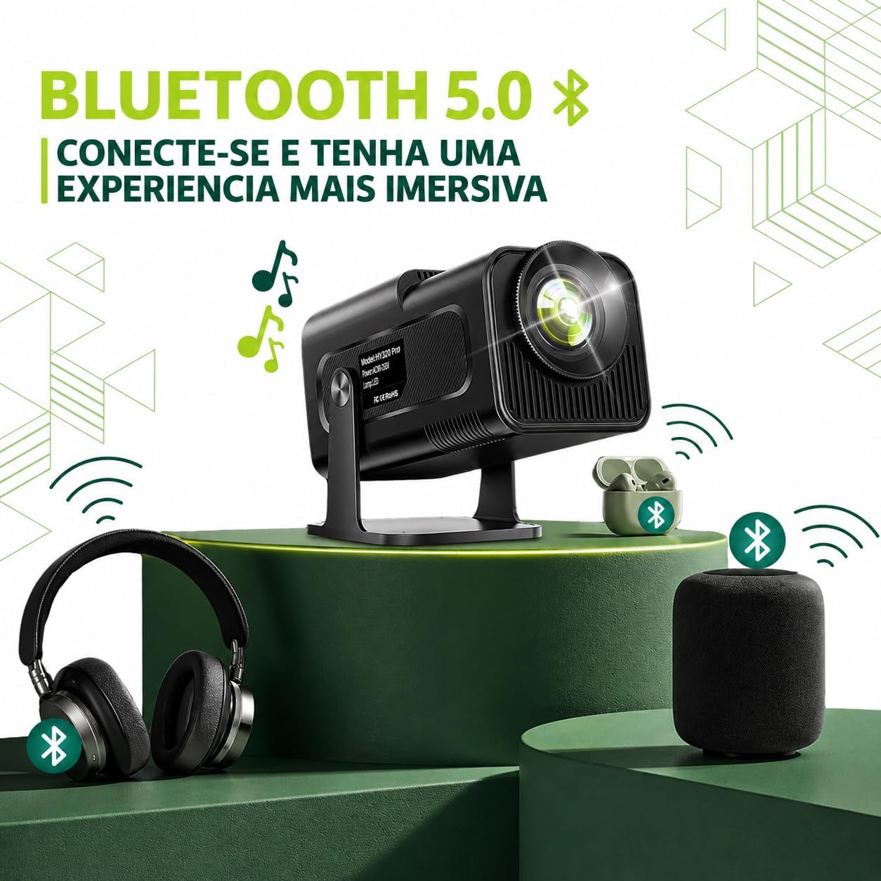 Mini Projetor Hy320 Portátil 5G Wi-Fi 6 Bluetooth 5.0 Android 11 4K 1080P Full HD 12000 Lumens LED Auto Correção Trapezoidal Horizontal Rotação 180° Ideal para Projeções Cinemáticas Premium