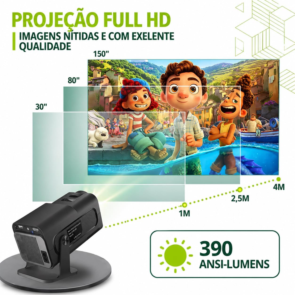 Mini Projetor Hy320 Portátil 5G Wi-Fi 6 Bluetooth 5.0 Android 11 4K 1080P Full HD 12000 Lumens LED Auto Correção Trapezoidal Horizontal Rotação 180° Ideal para Projeções Cinemáticas Premium
