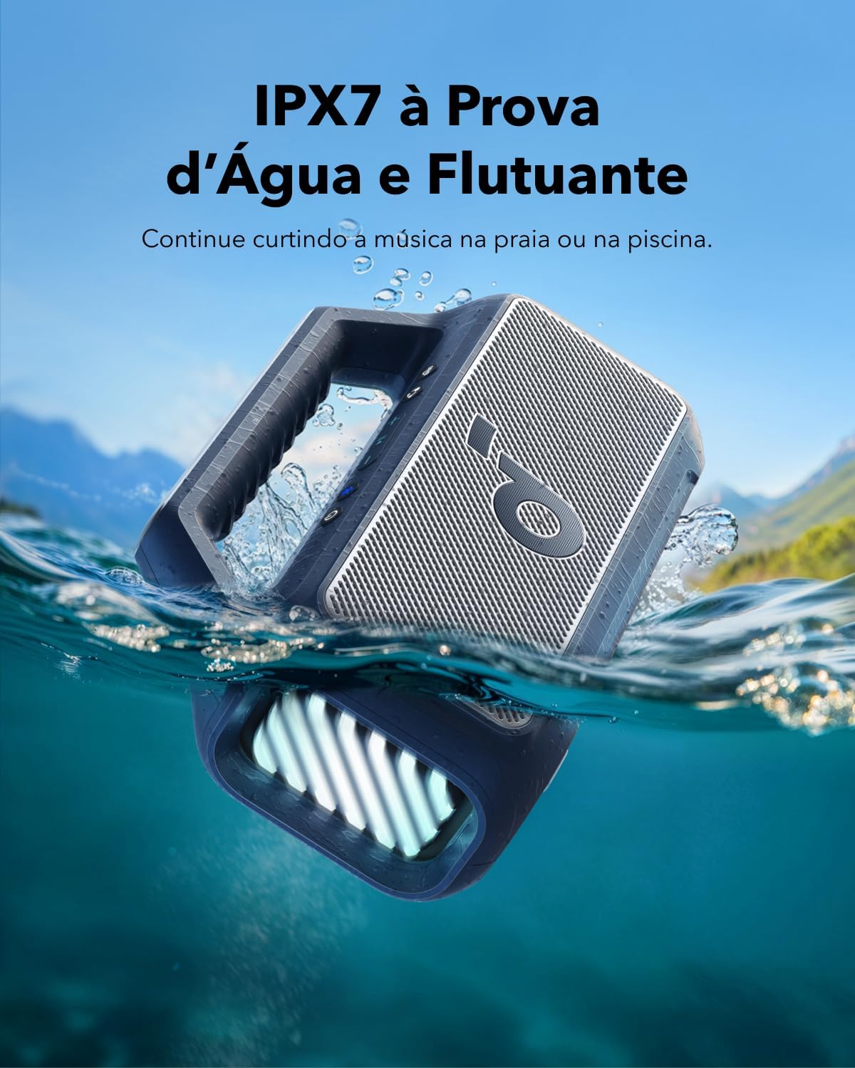 Soundcore Boom 2 da Anker Caixa de Som Portáteis Bluetooth, 80W, Subwoofer, BassUp 2.0, 24H, IPX7, Flutuante, Luzes RGB, USB-C, Equalizador Personalizado, Portátil para Camping e Praia, Azul